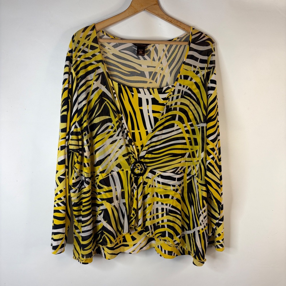 Multiples Top Women 3X Yellow Abstract Palm Leaf Blouse Mesh Overlay